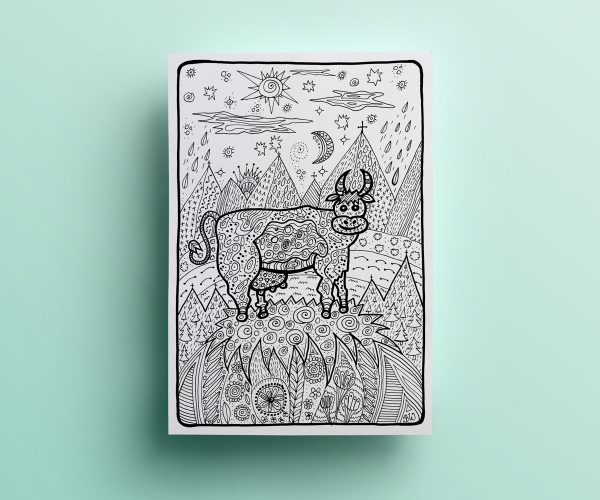 Almkuh, Ausmalbild aus: Das große Alpenzoo Ausmalbuch