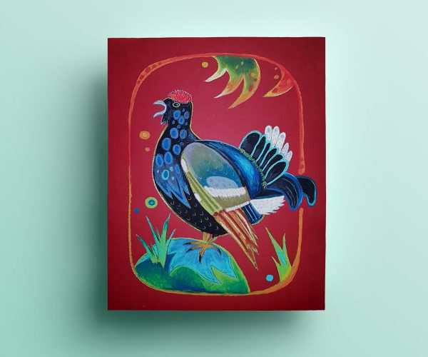 Birkhuhn, Ölpastellkreide, aus: Das kunterbunte Karwendelbuch